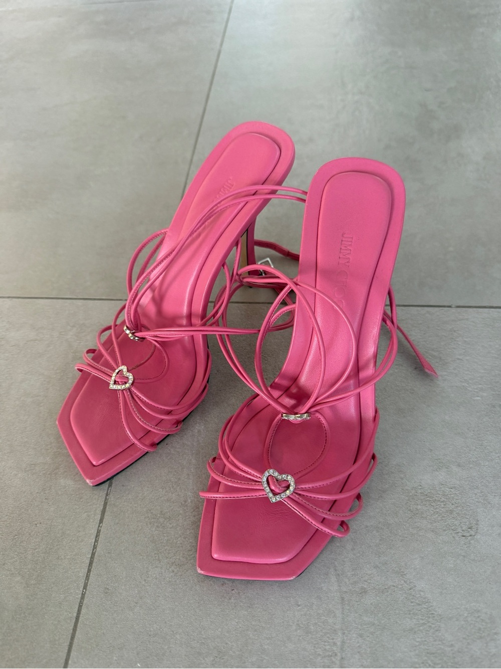 Jimmy Choo Hot Pink Strappy Heeled Sandals with Heart Charms
